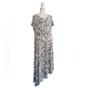 Chico's Plus Size 16/18 White with Green Leaf Pattern Asymmetrical Maxi Dress